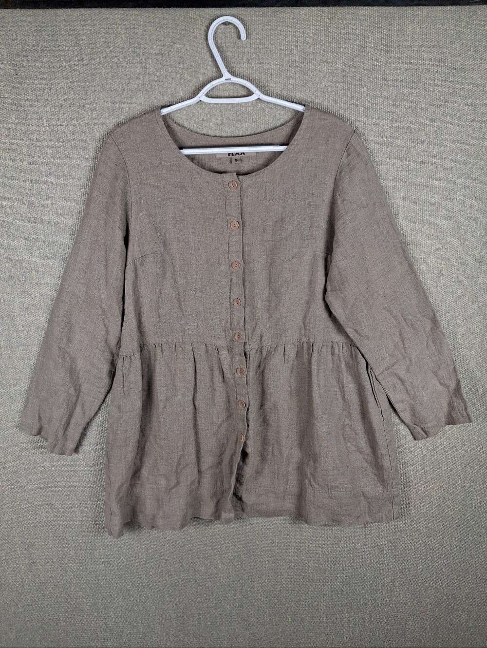 FLAX Linen Button Down Tunic Dress Size Small Taupe Brown Lagenlook Oversized